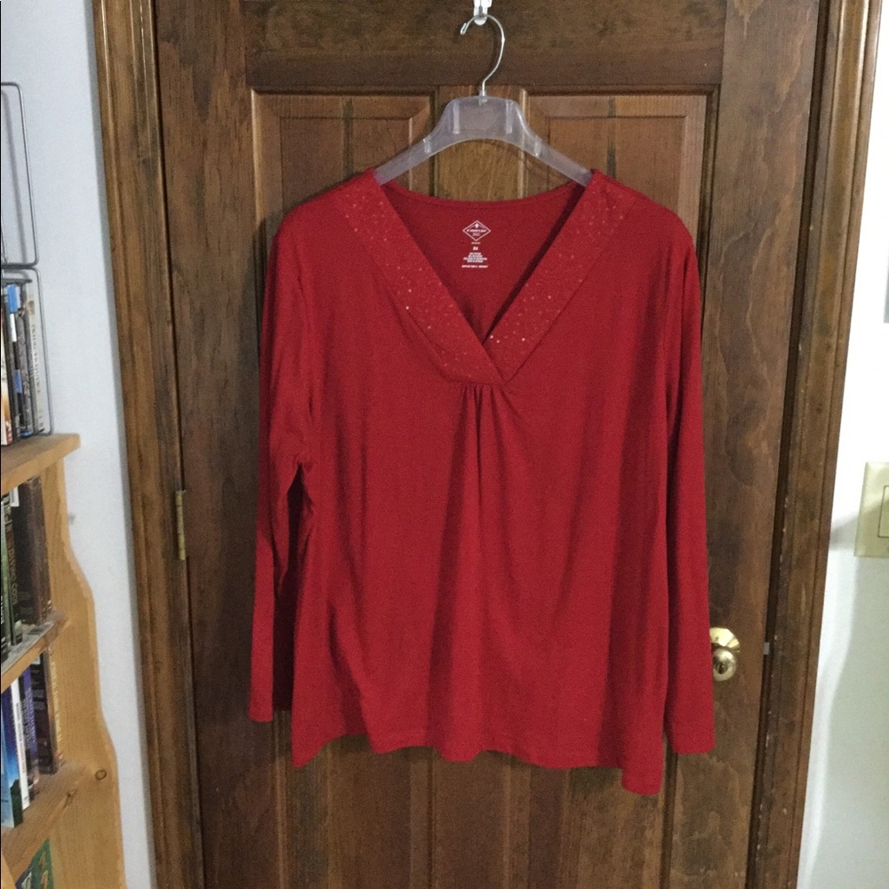 Red top - embroidered neck - worn once